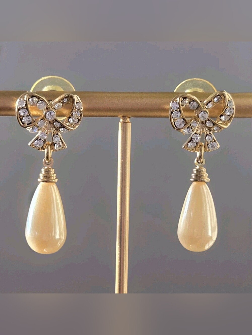 Vtg 90s Rhinestone Pearl & Bow Drop Earrings, Gold Tone, Party, Formal, Wedding